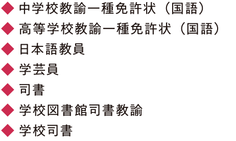 ◆ 中学校教諭一種免許状（国語） ◆ 高等学校教諭一種免許状（国語） ◆ 日本語教員 ◆ 学芸員 ◆ 司書 ◆ 学校図書館司書教諭 ◆ 学校司書