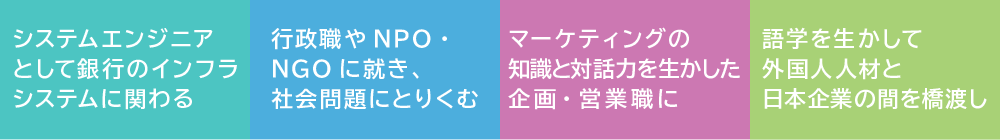 システムエンジニア
として銀行のインフラ
システムに関わる 行政職やNPO・
NGOに就き、
社会問題にとりくむ マーケティングの
知識と対話力を生かした
企画・営業職に 語学を生かして
外国人人材と
日本企業の間を橋渡し 