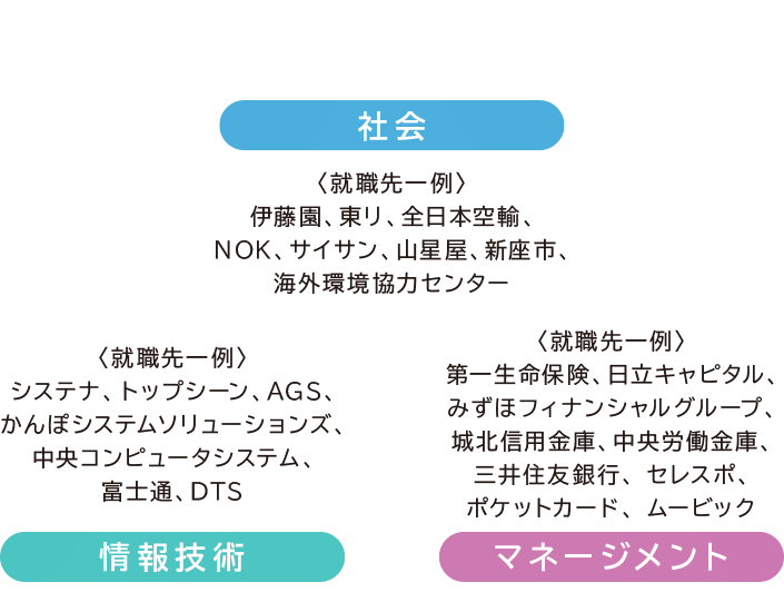 社会 〈就職先一例〉伊藤園、東リ、全日本空輸、NOK、サイサン、山星屋、新座市、海外環境協力センター 情報技術 〈就職先一例〉システナ、トップシーン、AGS、かんぽシステムソリューションズ、中央コンピュータシステム、富士通、DTS マネージメント 〈就職先一例〉第一生命保険、日立キャピタル、みずほフィナンシャルグループ、城北信用金庫、中央労働金庫、三井住友銀行、セレスポ、ポケットカード、ムービック