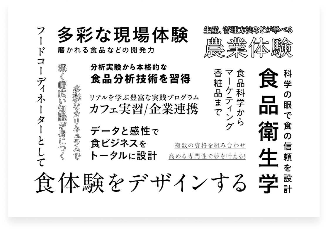フードコーディネーターとして食体験をデザインする 多彩な現場体験 磨かれる食品などの開発力 分析実験から本格的な食品分析技術を習得 リアルを学ぶ豊富な実践プログラムカフェ実習/企業連携 データと感性で食ビジネスをトータルに設計 多彩なカリキュラムで深く幅広い知識が身につく 生産、管理方法などが学べる 農業体験 食品科学からマーケティング香粧品まで 複数の資格を組み合わせ高める専門性で夢を叶える！ 科学の眼で食の信頼を設計食品衛生学